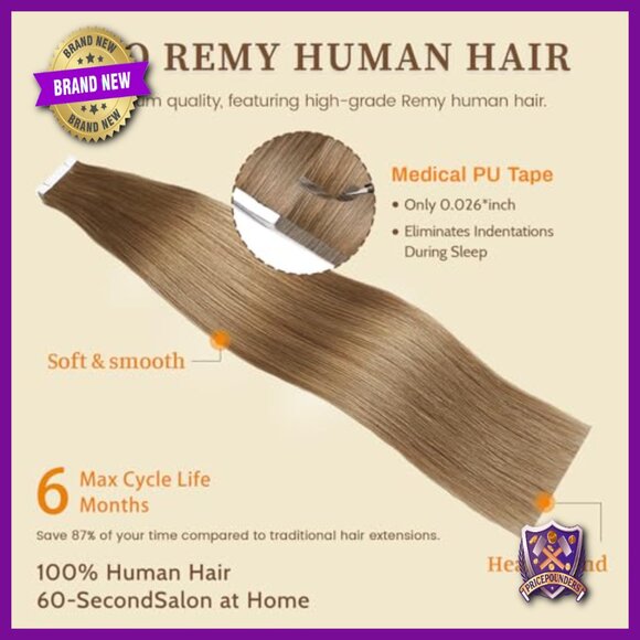 18-Inch Tape-In Human Hair Extensions, 20 Pieces, Straight, Salon Quality main image 6